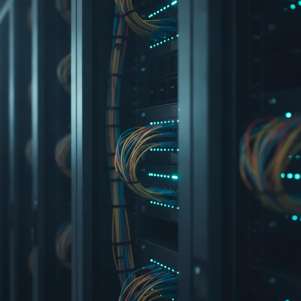 Server rack with fibre-optic cabling and cyan status lights